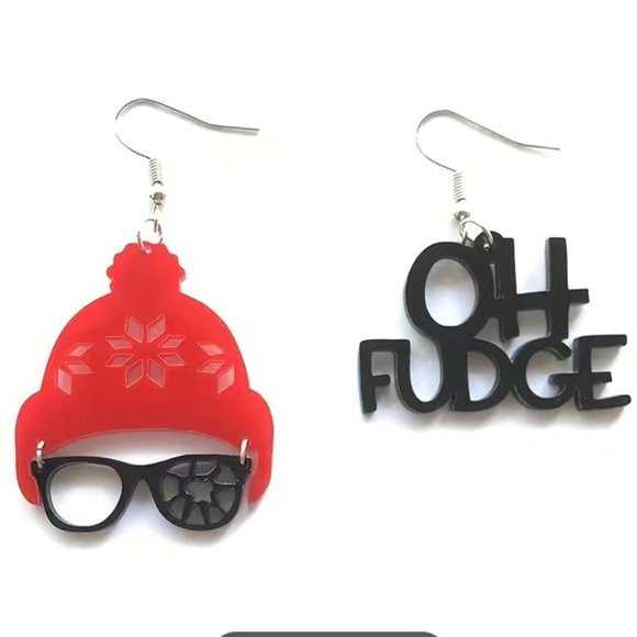 Earrings "Christmas Story': "OH FUDGE" Red Winter Hat n Glasses w Broken lens - Picture 1 of 1